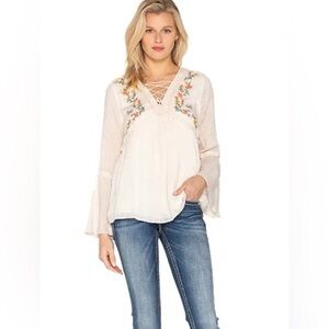 Miss me bohemian peasant embroidery tops lace up V neck   size S